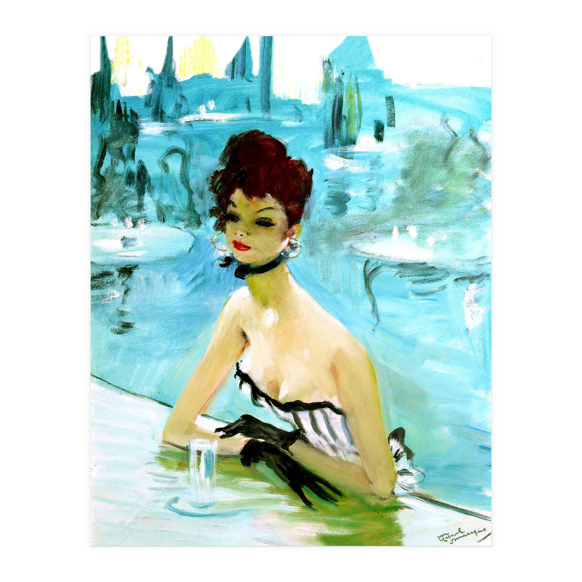 Pinup Girl In Cafe, Watercolor Painting (Print Only)