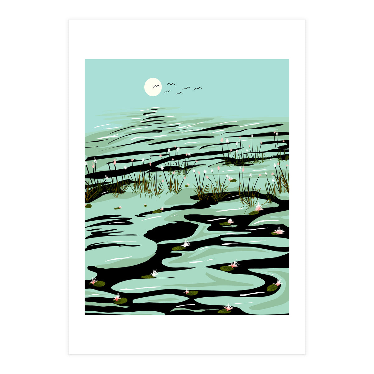 Dreamy Lake, Pastel Nature Botanical Jungle Landscape, Travel Pond Forest Plants Bohemian, Eclectic Scenic (Print Only)