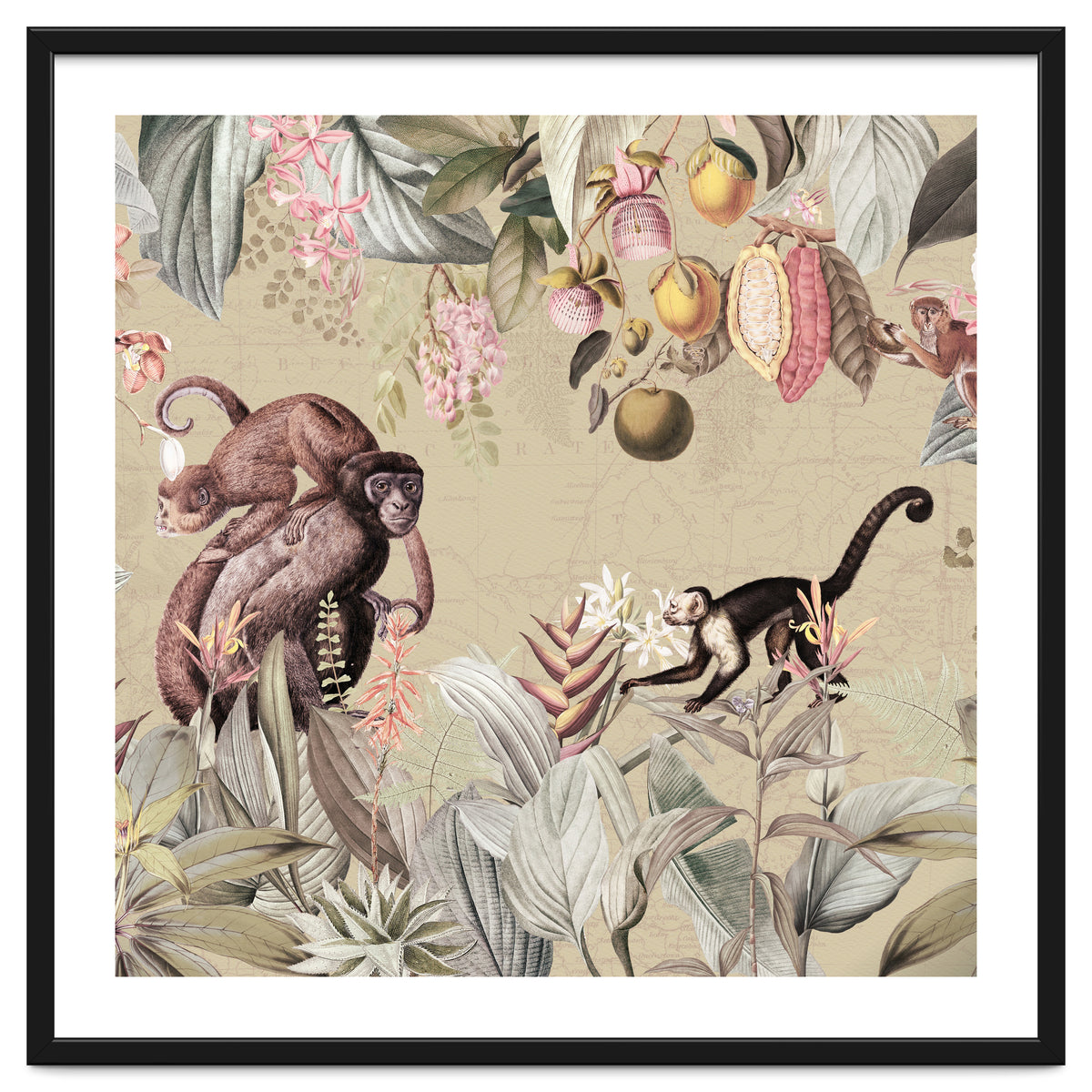 Vintage Exotic Monkeys In African Jungle Landscape
