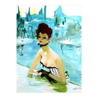 Pinup Girl In Cafe, Watercolor Painting (Print Only)