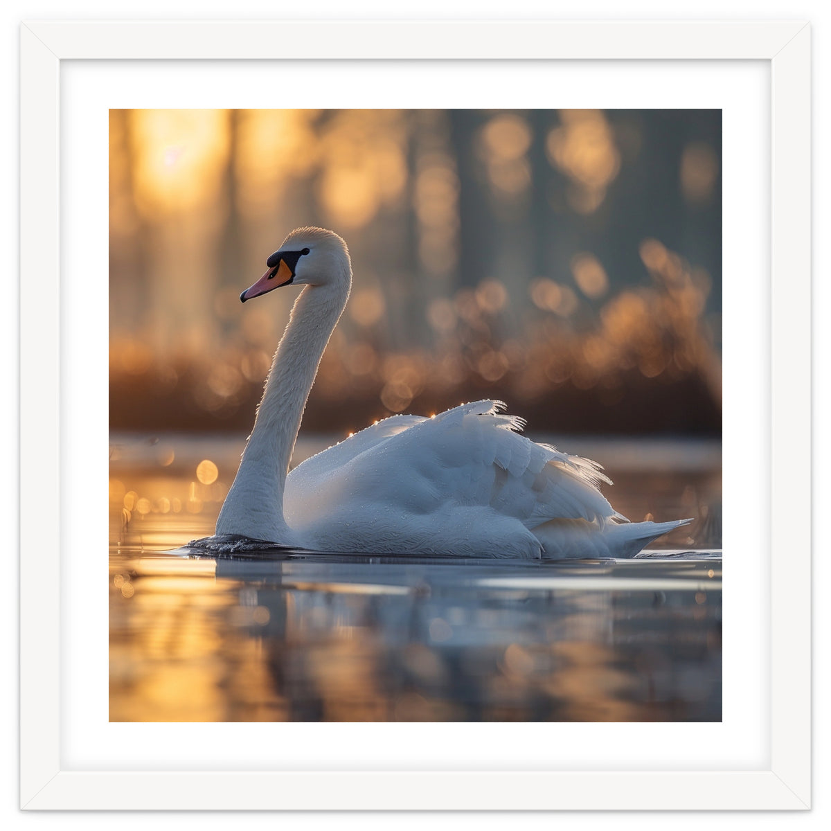 Majestic Swan Gliding On Water At Sunset