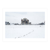 Footprints and house in winter snowscape (Print Only)