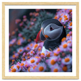 Puffin Bird Among Pink Flowers thumbnail