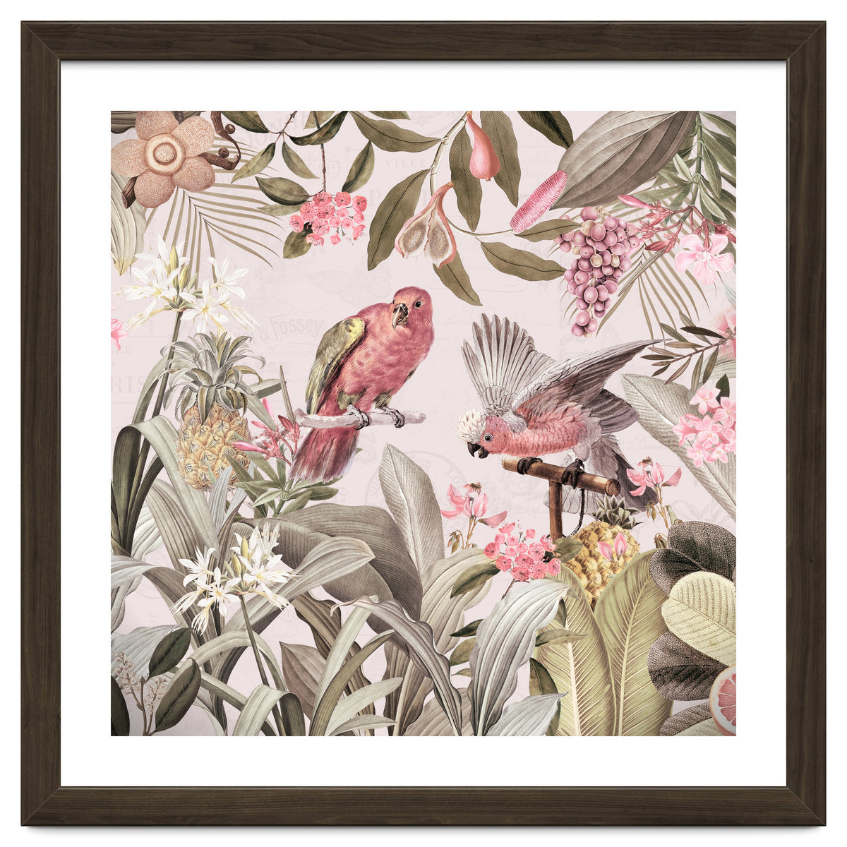 Colorful Parrots In Flower And Fruit Tropical Jungle