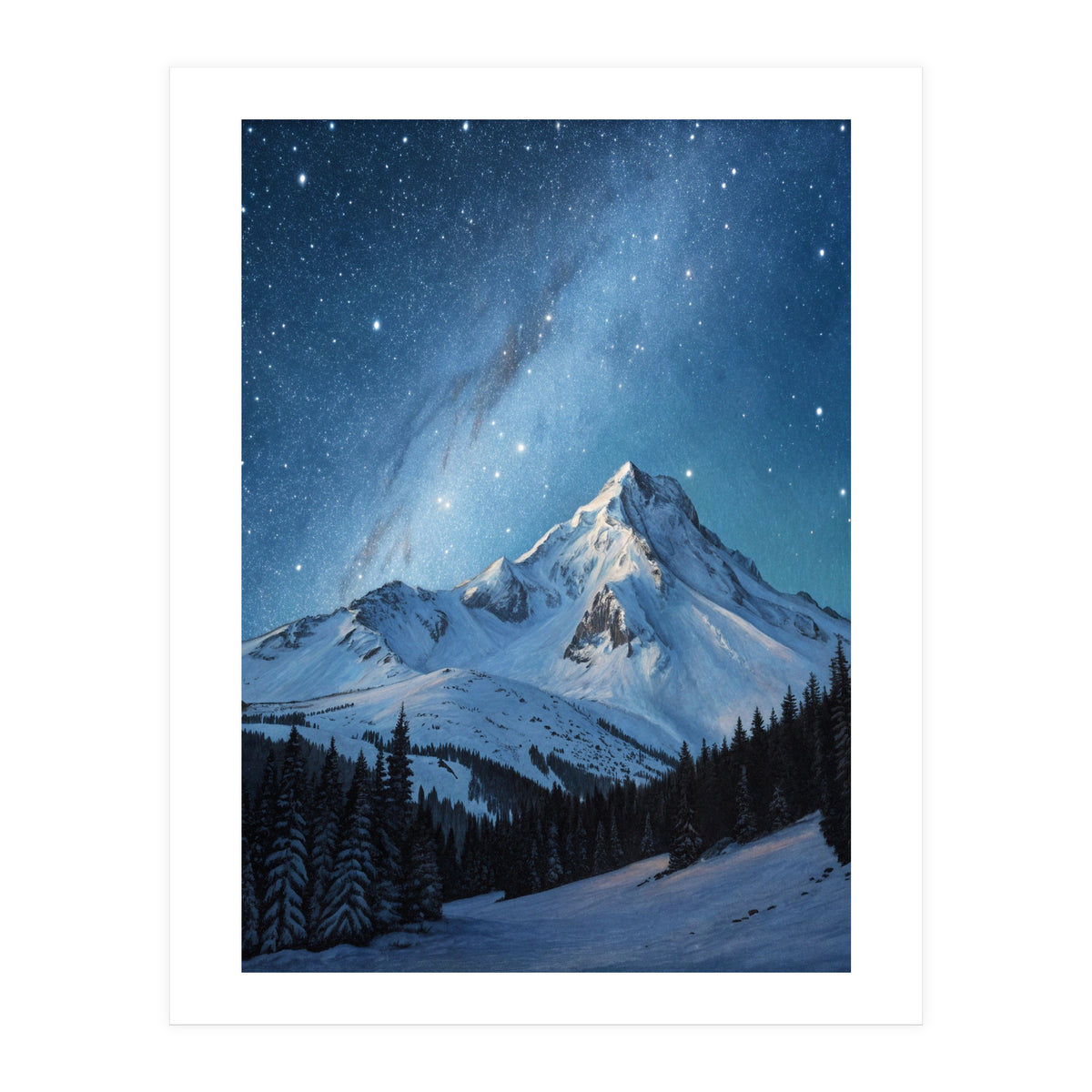 Majestic Snow-Capped Mountain Peak Under a Brilliant Starry Night Sky (Print Only)