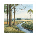 Pastoral Countryside Watercolor Painting with Winding Stream Meadows and Deciduous Trees Landscape (Print Only) thumbnail