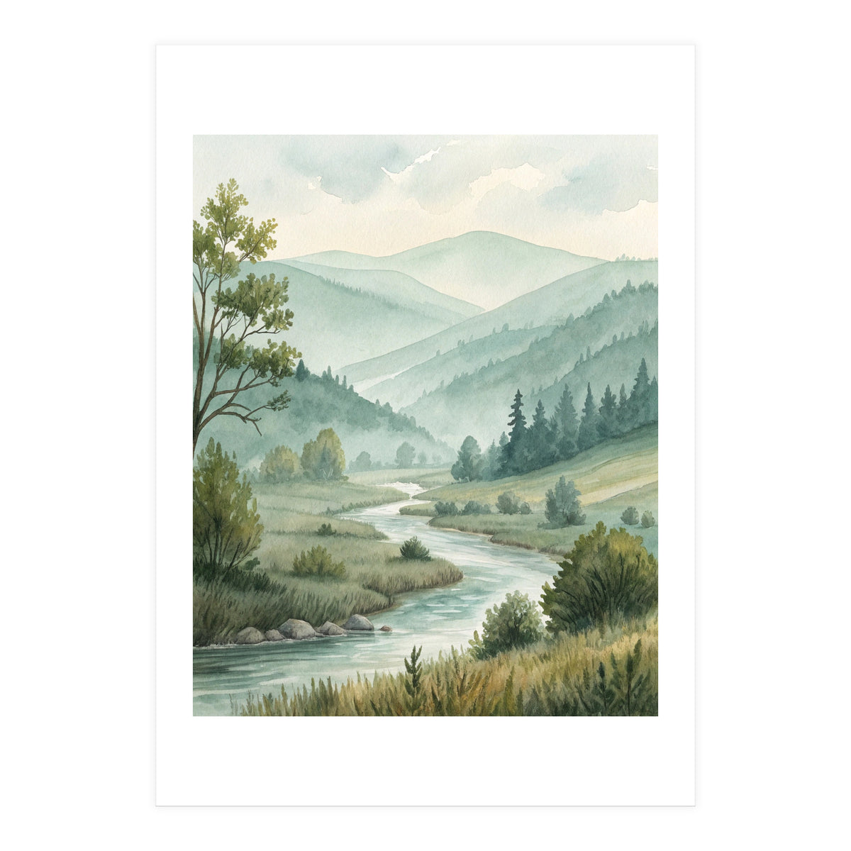 Serene River Valley in Soft Watercolor (Print Only)