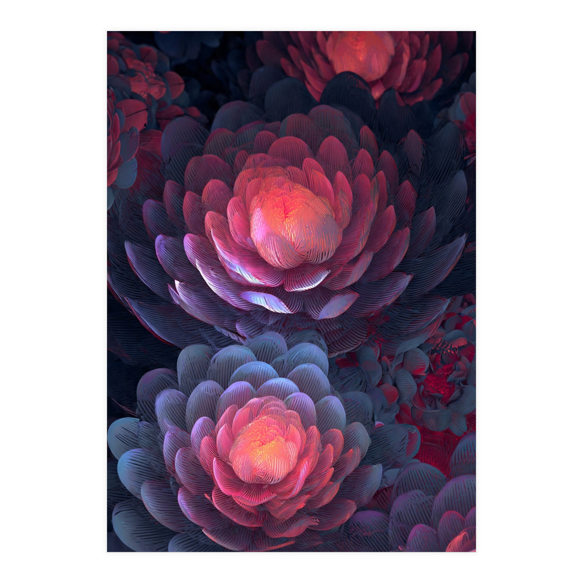 Ethereal Neon Blooms: Intricate 3D Floral Fractal Art (Print Only)
