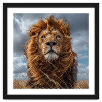Majestic Lion Portrait Windblown Mane Outdoors