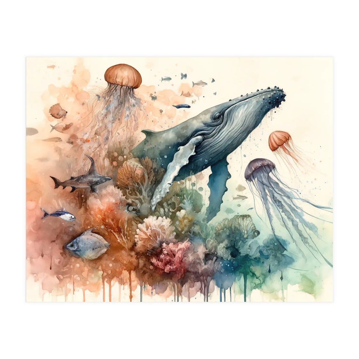 Whale And Jellyfish Watercolor (Print Only)