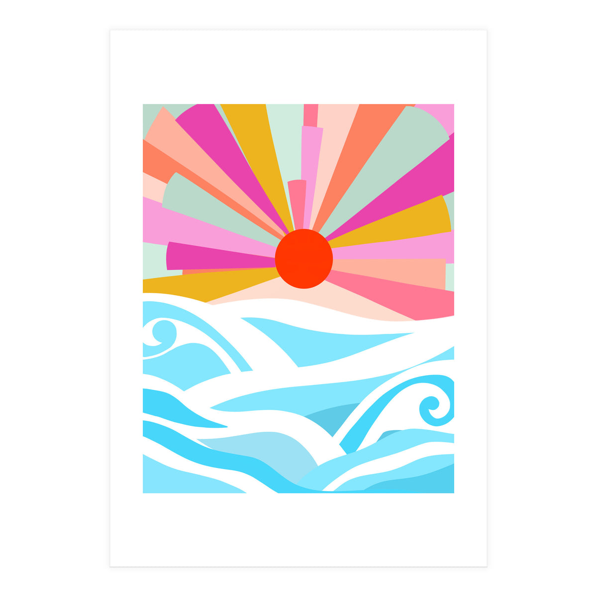 Boho Sunrise, Bohemian Abstract Landscape Nature, Colorful Illustration Ocean Sea Beach Summer, Positive Vibes Mindset (Print Only)