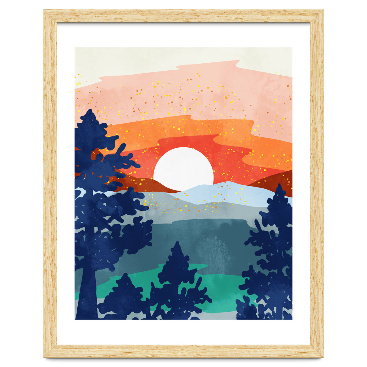 A Magical Sunset, Landscape Nature Illustration, Minimal Bohemian Painting, Mountains Adventure Travel