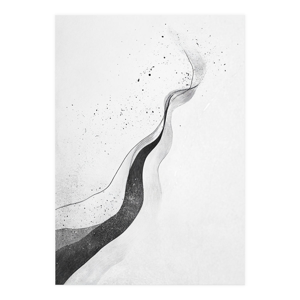 Abstract Black And White Ink Flowing Lines With Splatter (Print Only)