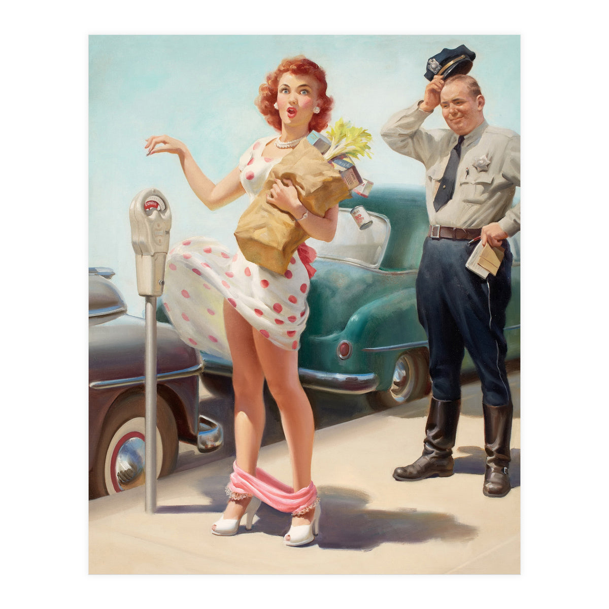Sexy Pinup Shopping Girl And A Sudden Wind (Print Only)