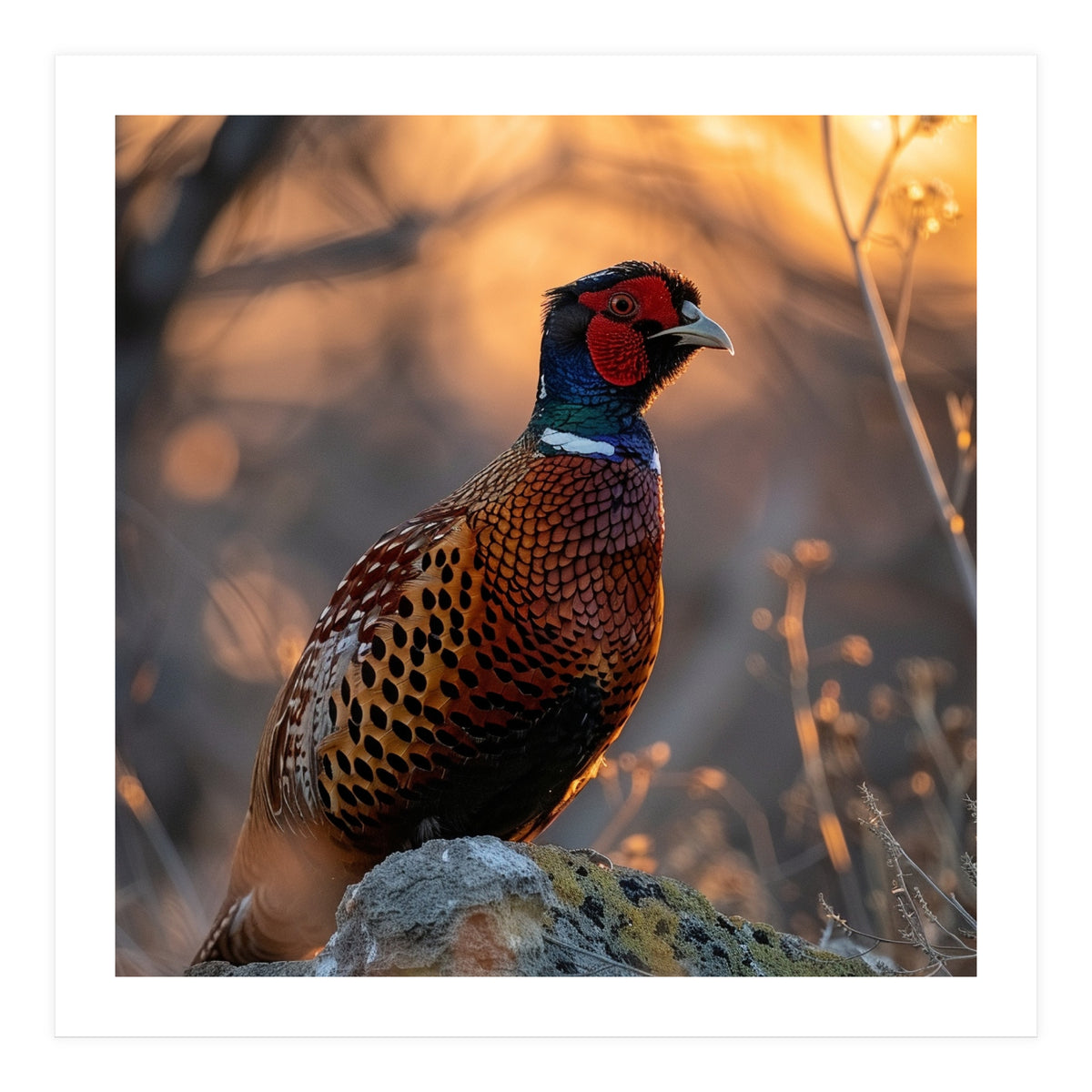 Pheasant Bird Standing On Rock Sunrise Light (Print Only)