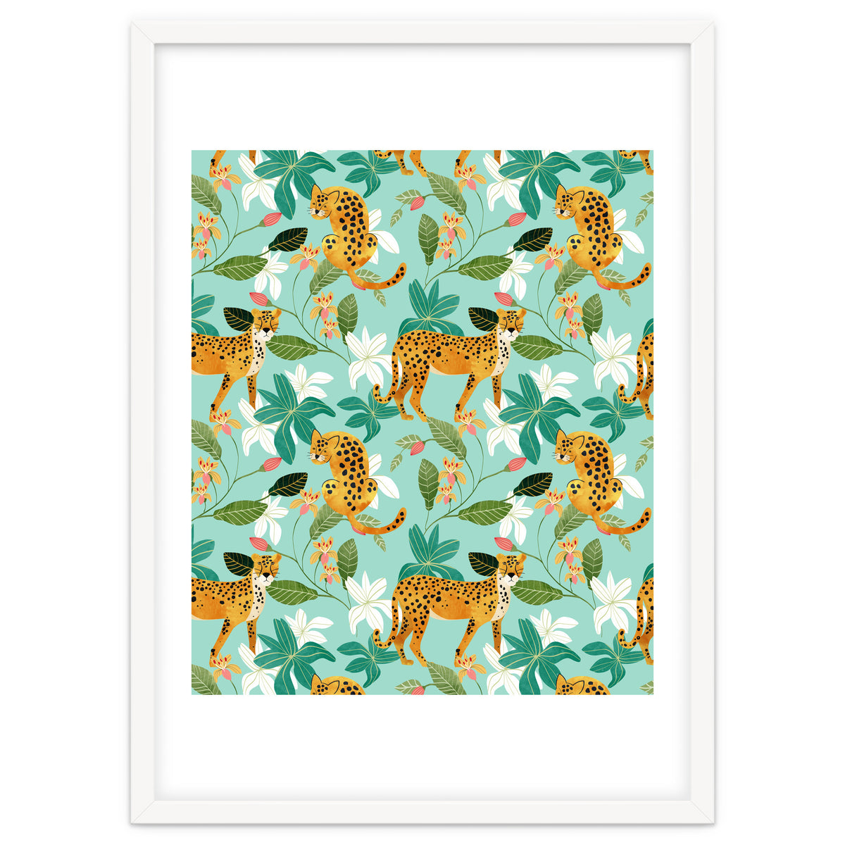 Cheetah Jungle, Wildlife Nature Wild Cats Tigers Leopard Botanical Animals Mint Quirky Illustration