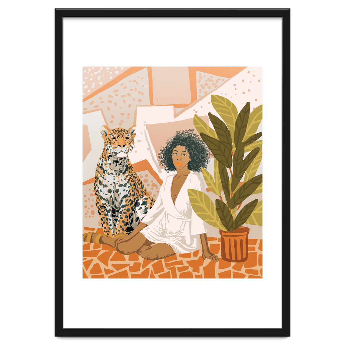 House Guest | Modern Bohemian Black Woman | Urban Jungle Decor | Wild Cat Leopard Pet | Plant Lady