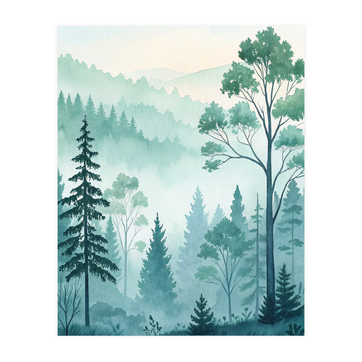 Ethereal Misty Pine Forest Watercolor Art (Print Only)