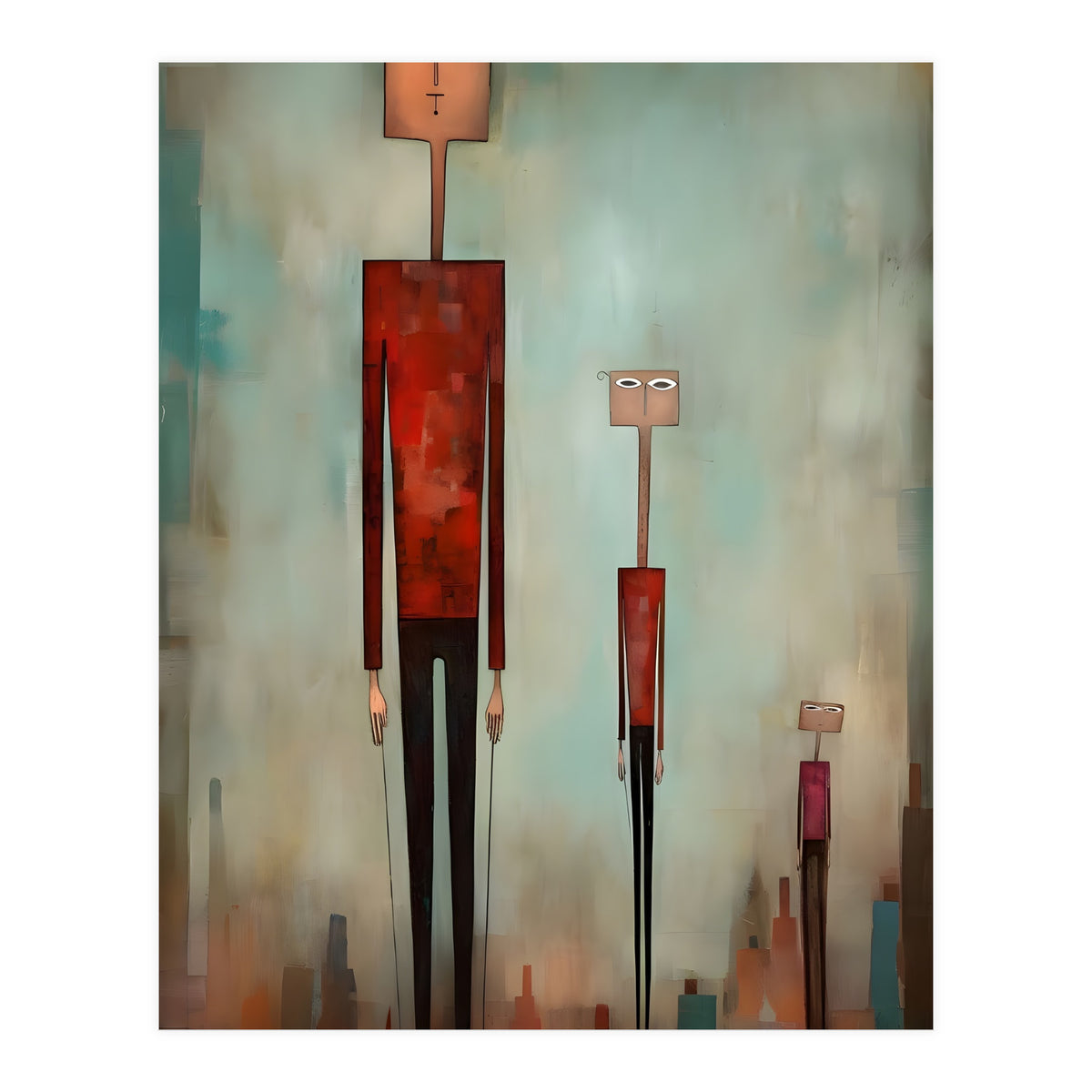 CITY HEIGHTS, three human-like forms of differing heights loom over the city below. (Print Only)