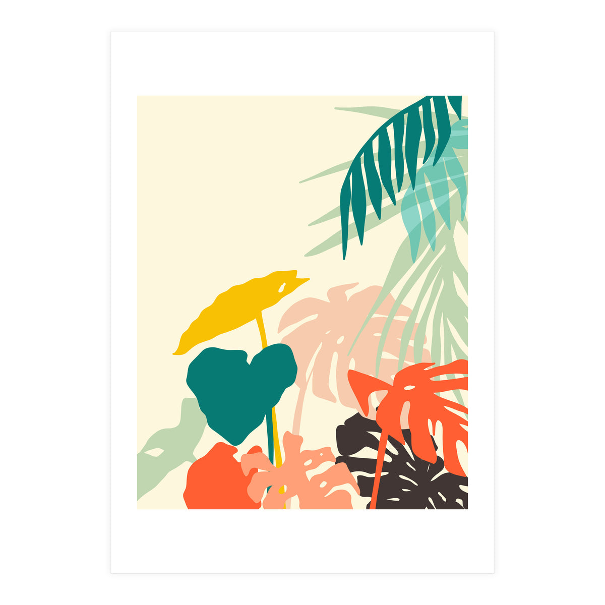 Tropical Nature, Botanical Pastel Jungle Plants Illustration, Minimal Bohemian Palm Monstera Forest (Print Only)