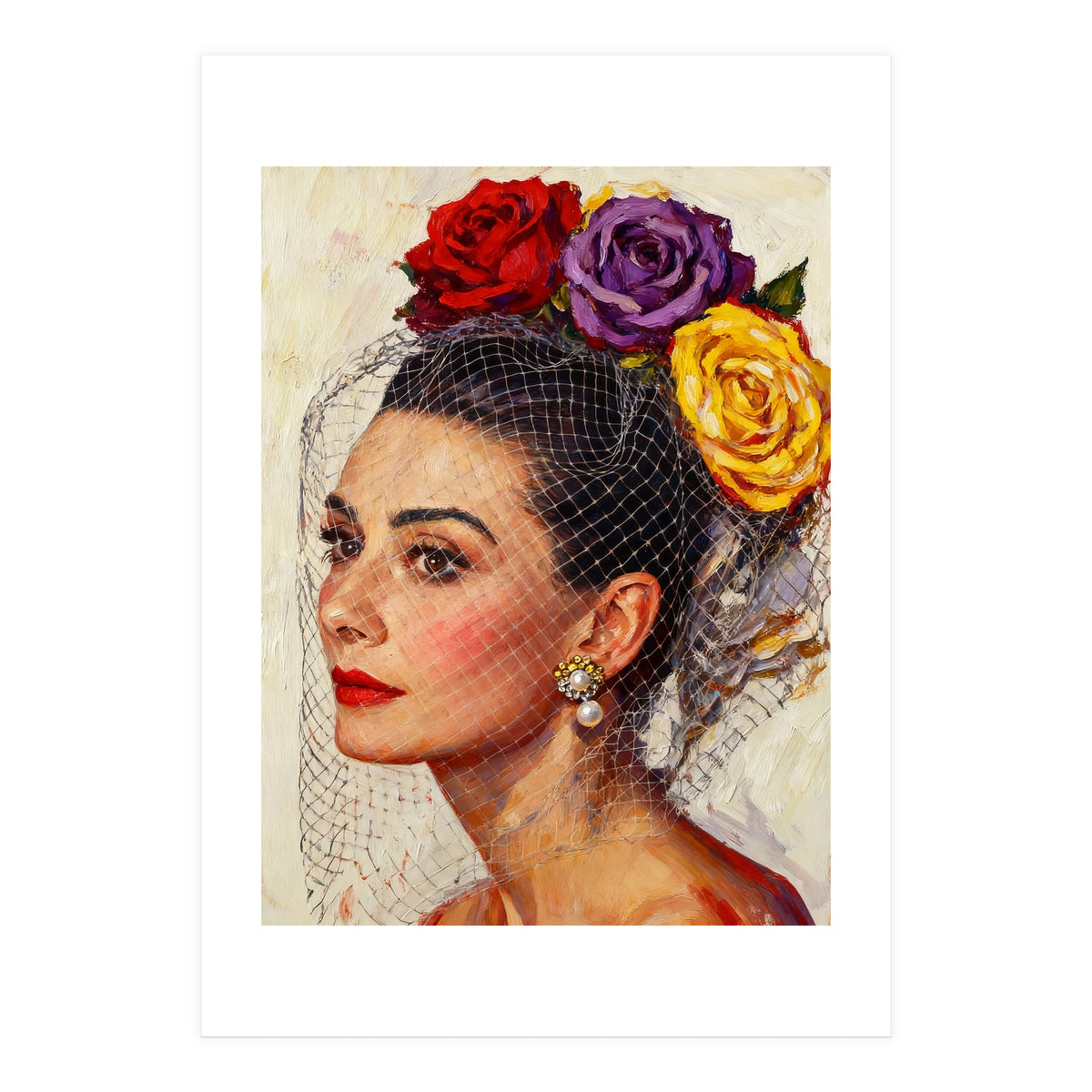 Audrey Hepburn, Impasto Floral Veil Portrait, Classic Hollywood Oil Painting, (Print Only)