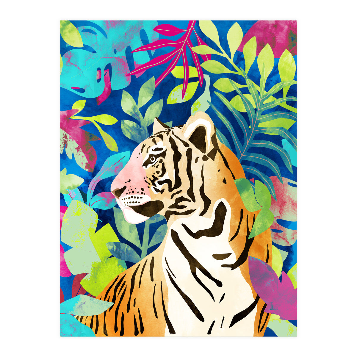 Tropical Tiger, Animal Jungle Watercolor Painting, Nature Travel Wild Botanical (Print Only)