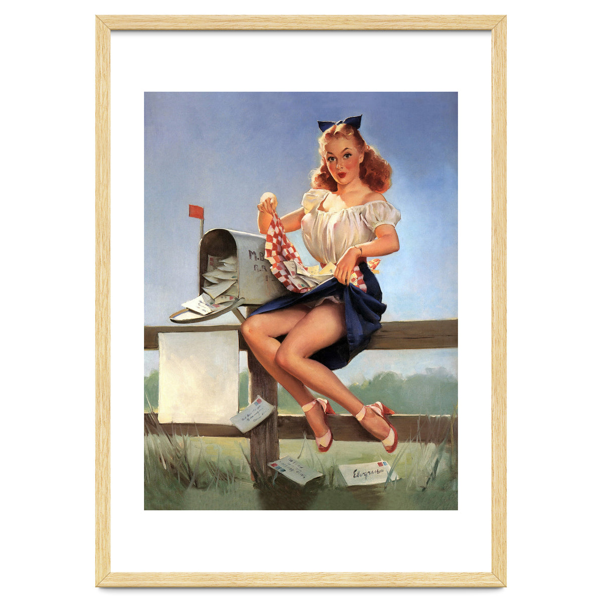 Countryside Pinup Girl Posing On A Fence With Love Letters And A Full Mailbox