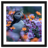 Puffin Bird Among Vibrant Purple And Orange Flowers thumbnail