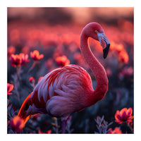 Pink Flamingo Bird Standing Among Flowers At Sunset (Print Only)