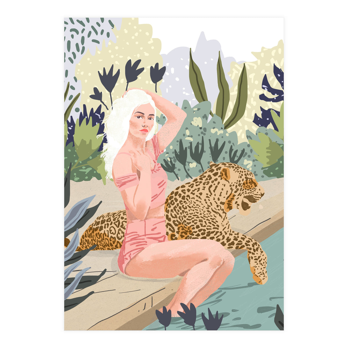How to Train Your Leopard, Wild Cat Bohemian Woman Painting, Swimming Pool Bikini Summer Swim Animal (Print Only)