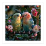Two Lovebirds Perched On A Branch Near Flowers (Print Only) thumbnail