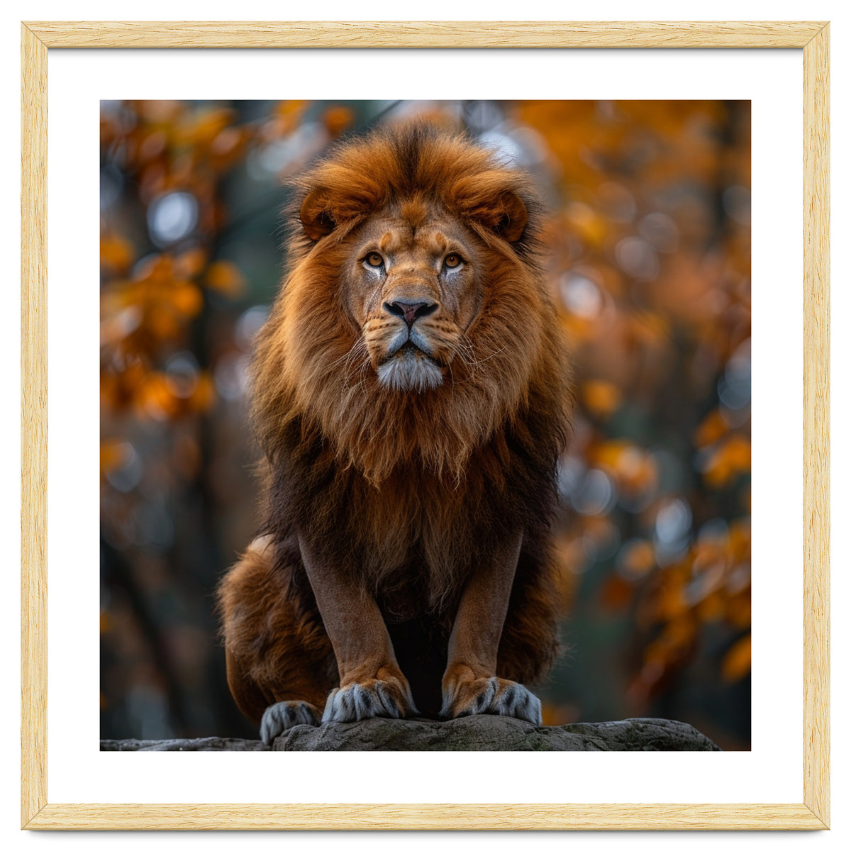 Majestic Lion Sitting On A Rock In Autumn Forest