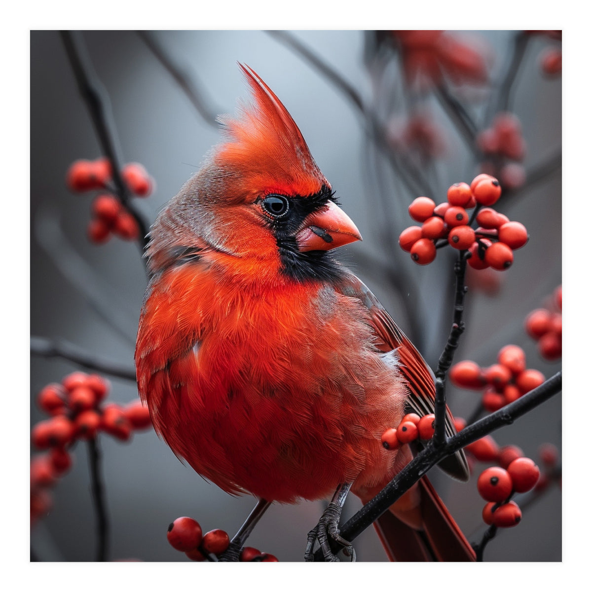Northern Cardinal Bird Perched Among Red Berries (Print Only)