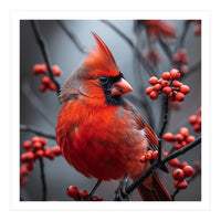 Northern Cardinal Bird Perched Among Red Berries (Print Only)