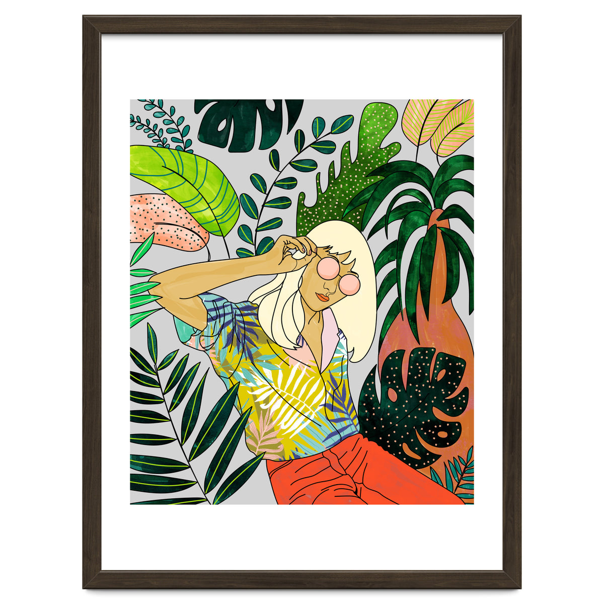 Spring Break, Tropical Bohemian Travel Line Art, Woman Fashion Palm Forest Jungle Watercolor Nature