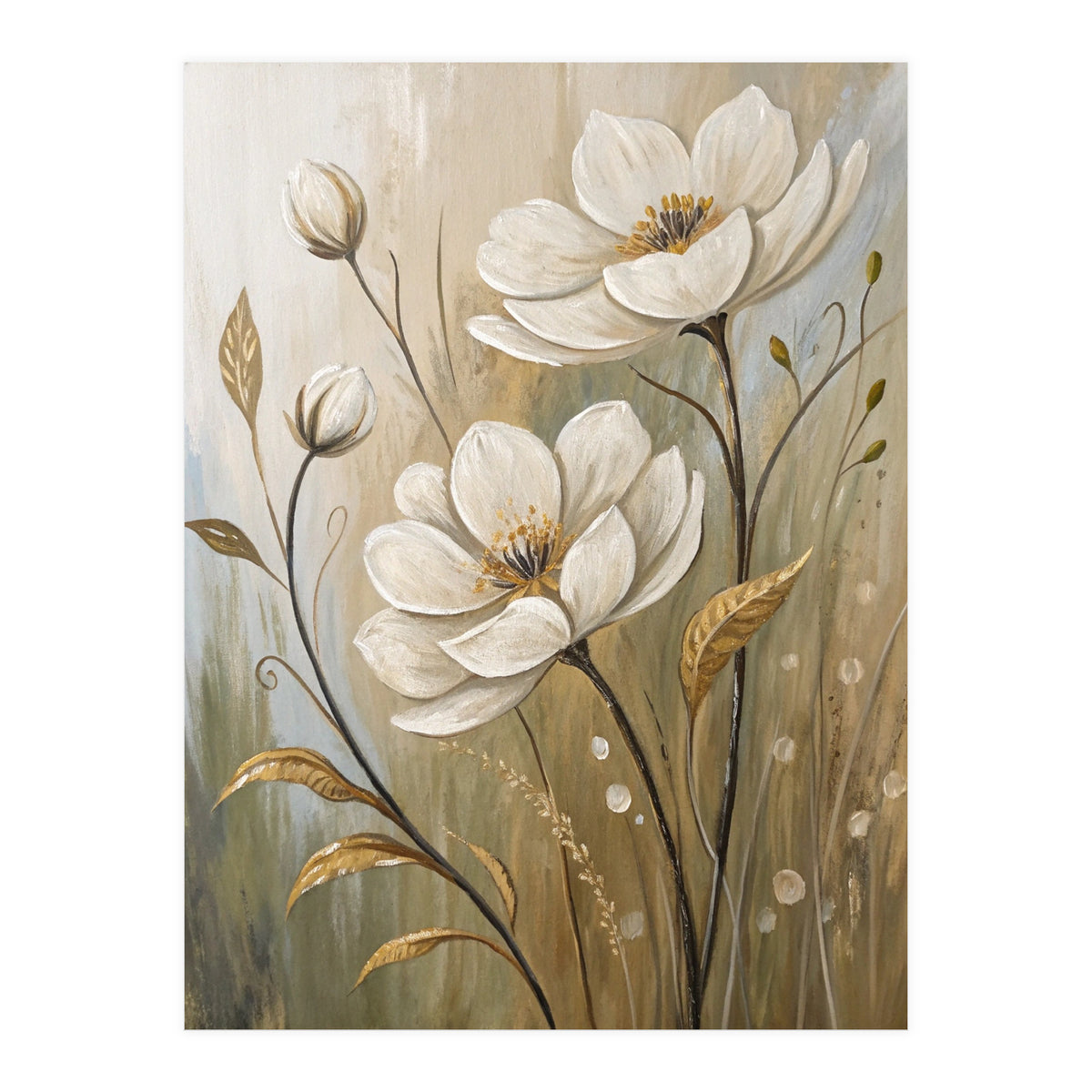 Elegant White Anemone Floral Oil Painting (Print Only)
