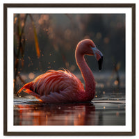Pink Flamingo Swimming In Sunlight Water