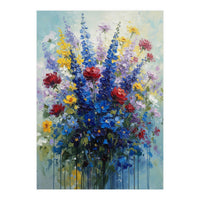 Vibrant Blue Delphinium and Red Rose Heavy Impasto Oil Painting (Print Only)