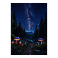 Enchanted Midnight Forest: Glowing Mushrooms and Milky Way (Print Only)