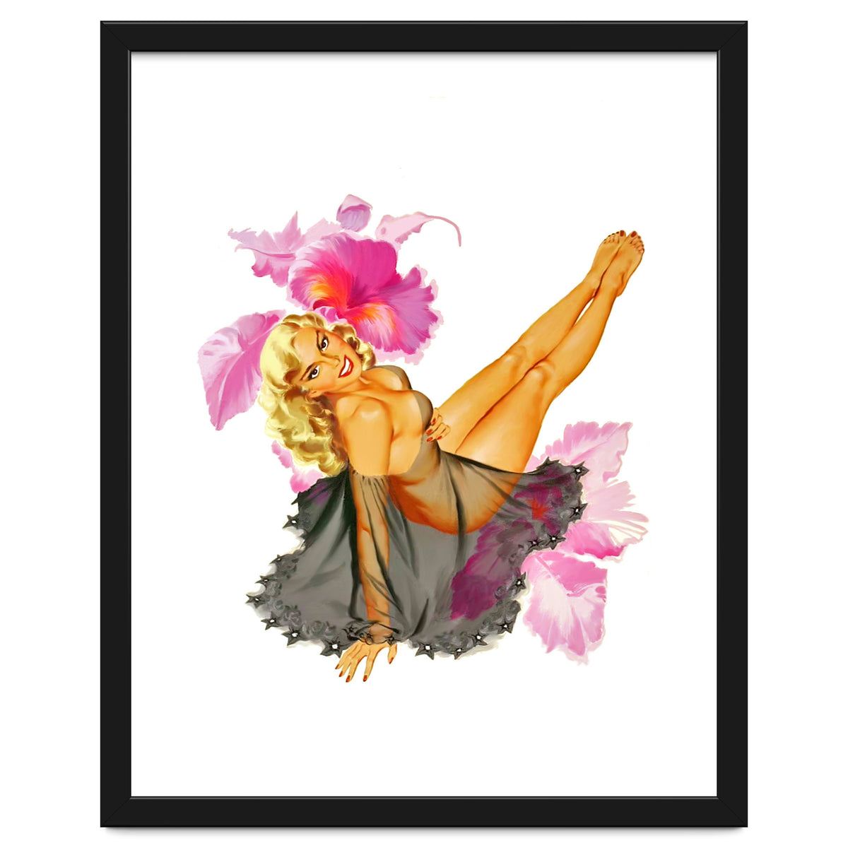 Pinup Sexy Woman Posing In Black Sleeping Dress