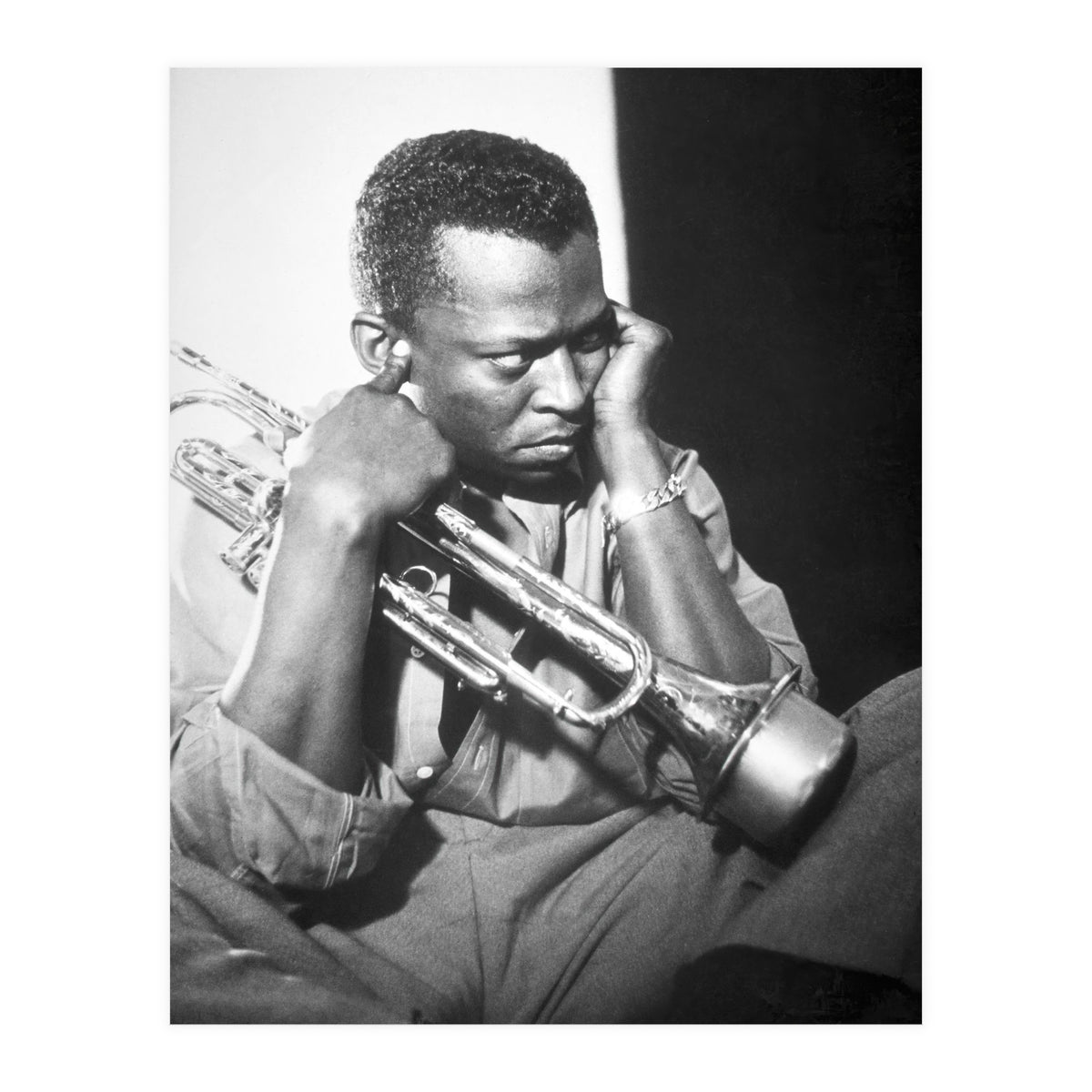 Jazz trumpeter Miles Davis early in his career playing in New York City, circa 1955. (Print Only)