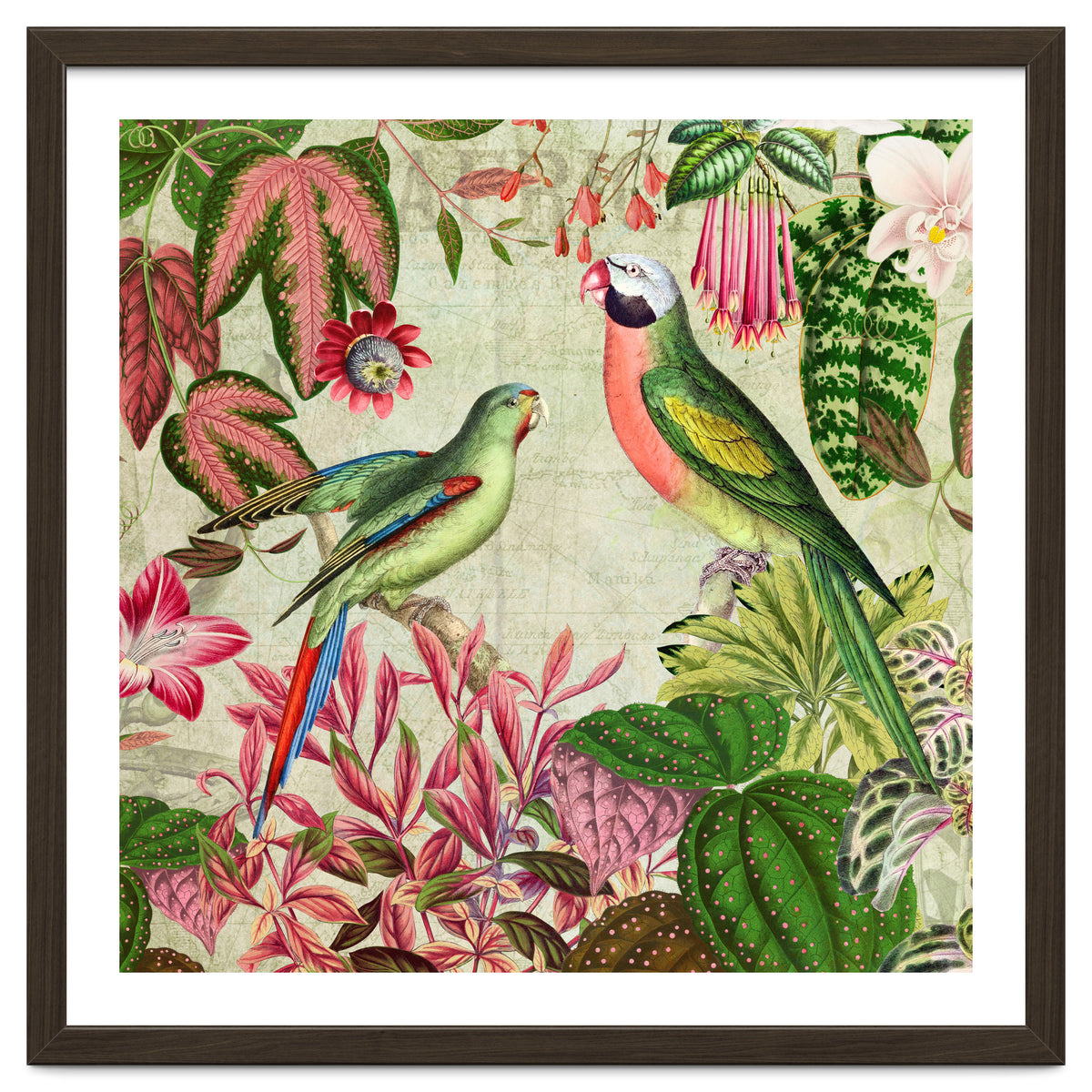 Exotic Lush Rainforest With Colorful Parrots And Flowers