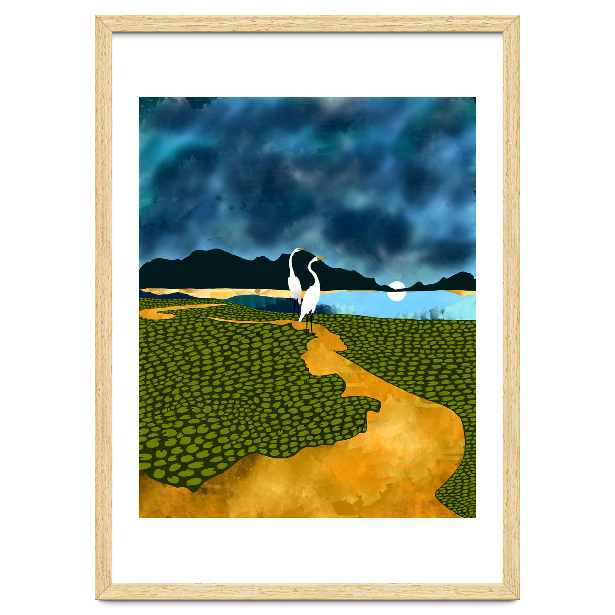 Great Egrets On Honeymoon Island, Heron Wildlife Painting Nature Landscape, Travel Dark Scenic Birds Love Animals Lake Bohemian