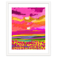 Two Suns, Pink Nature Painting Sky, Maximalist Landscape Pop Of Color Eclectic, Sunrise Sunset Meadow Boho Modern Contemporary