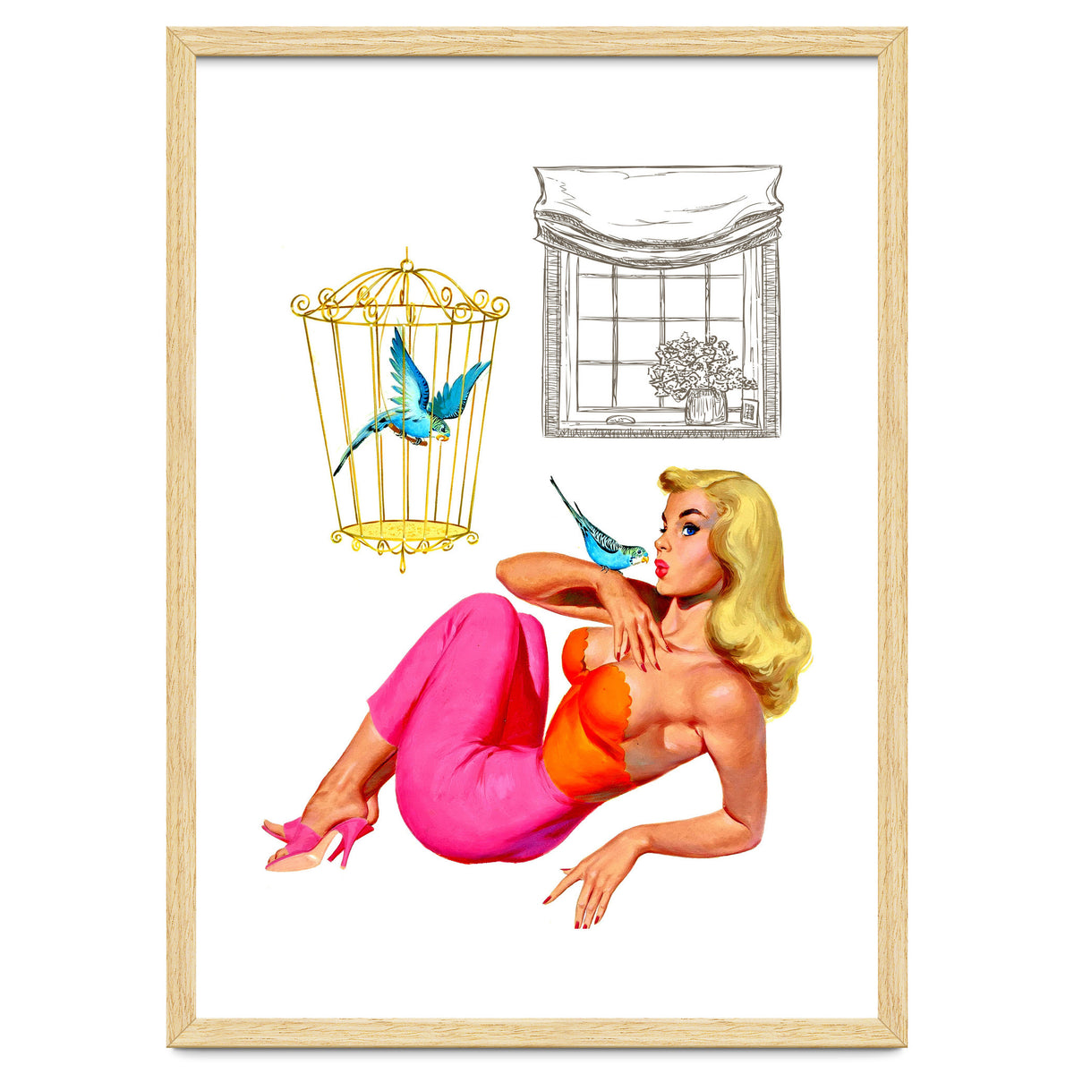 Pinup Girl With Two Birds