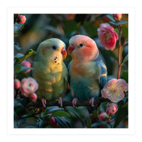 Two Lovebirds Perched On A Branch Near Flowers (Print Only)
