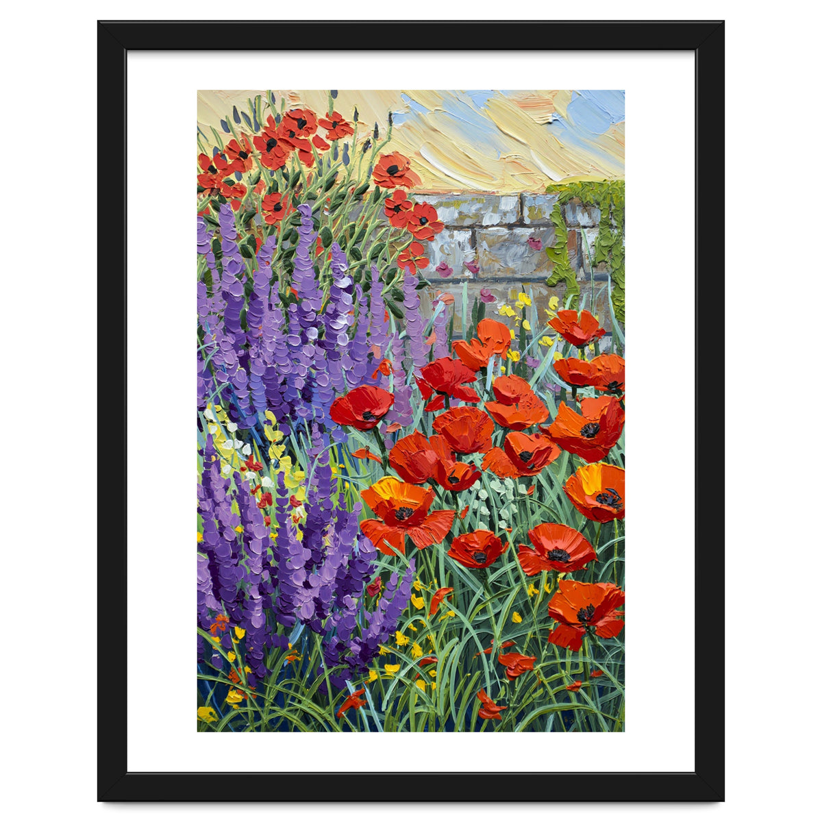 Vibrant Summer Poppy and Lavender Garden Oil Painting