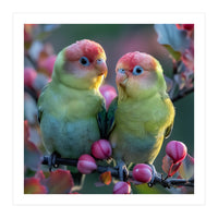 Two Lovebirds On A Branch Surrounded By Berries (Print Only)