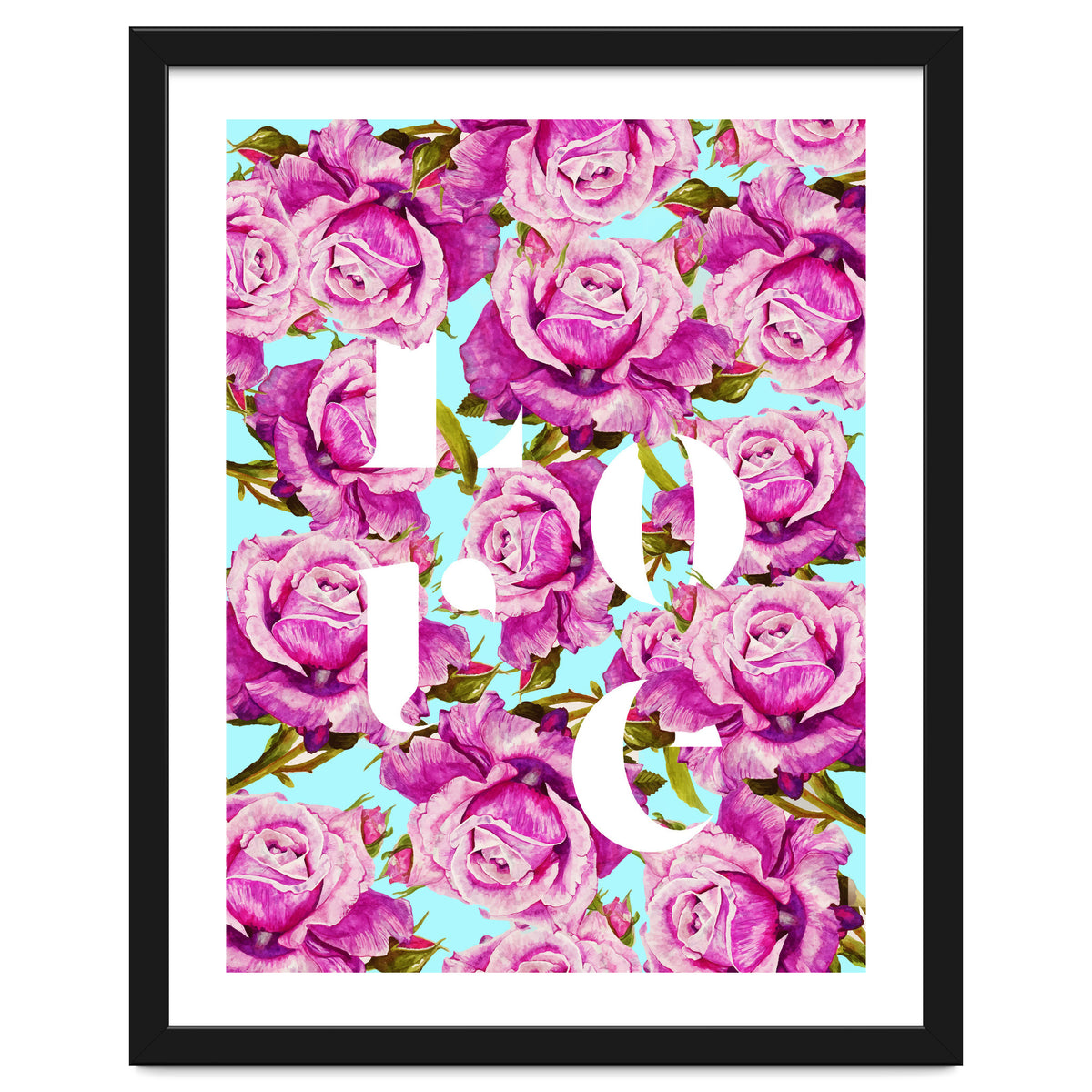 Love, Floral Typography Valentine's Graphic Design, Eclectic Modern Boho Botanical Rose Illustration
