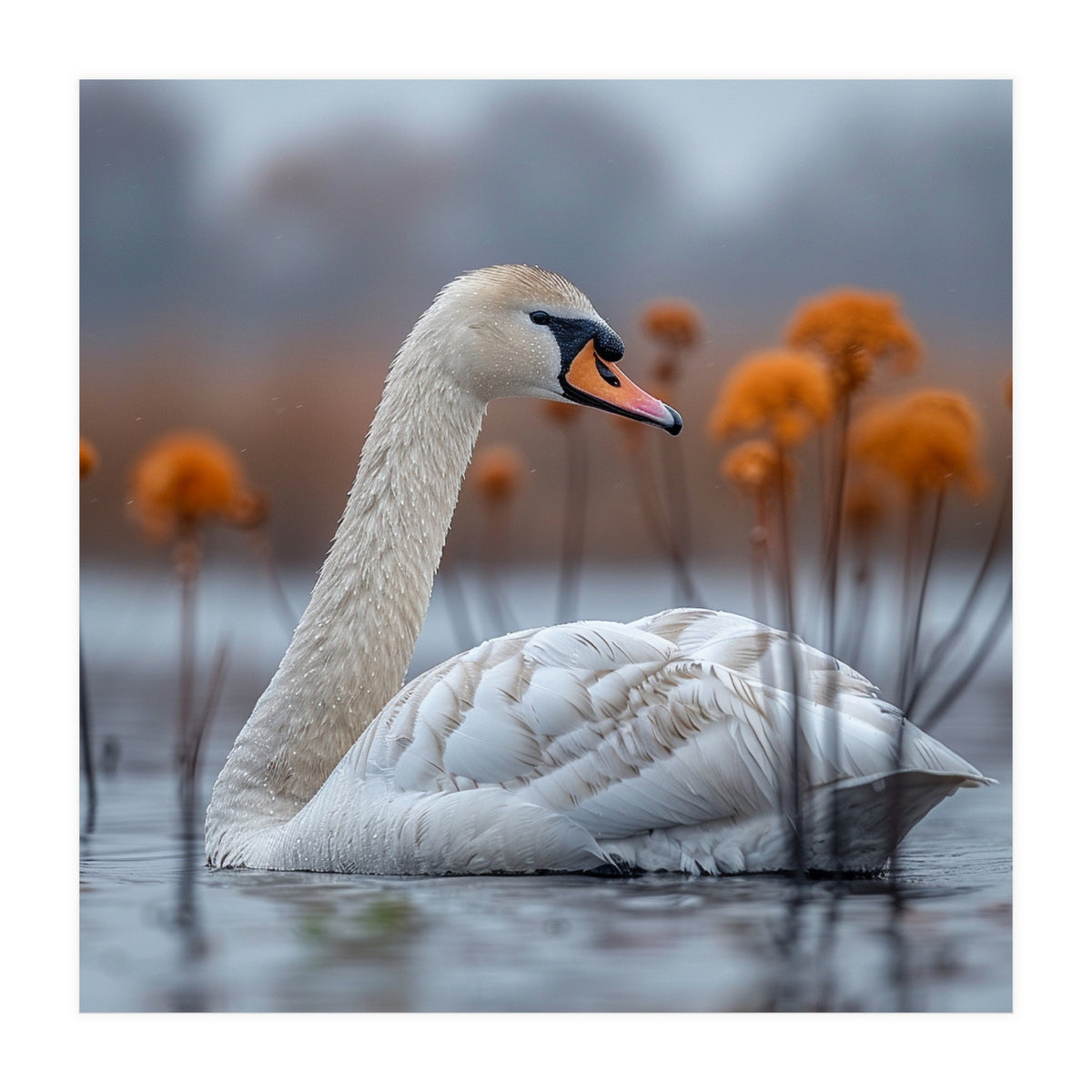 White Swan Swimming In A Lake With Reeds (Print Only)